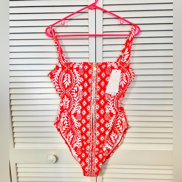 NWT Lilly Pulitzer Emil One Piece Orange Flamingo Feather Swimsuit Size 14 - Picture 1 of 9
